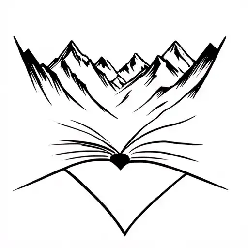 Book with mountains and heart fine black line tattoo design idea