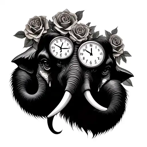 elephant head 2 clocks side by side times 06:30 AM 15:30 PM roses and hear seen silent monkeys tattoo design idea