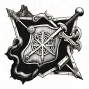 scottish claymore with macdonald clan crest into mountain cairn tattoo design idea
