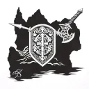 scottish claymore with macdonald clan crest into mountain cairn tattoo design idea