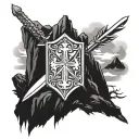 scottish claymore with macdonald clan crest into mountain cairn tattoo design idea
