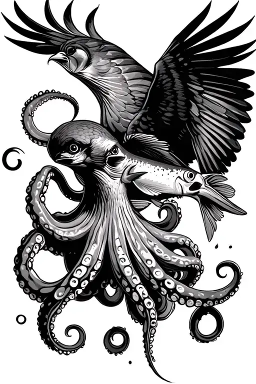 octopus holding up fish to diving pertain falcon tattoo design idea