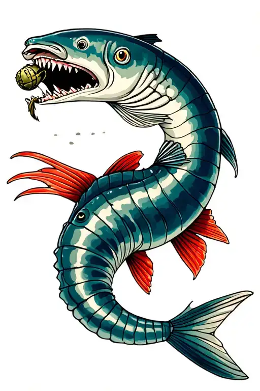 oarfish with a grenade in mouth wide open tattoo design idea