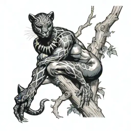 black panther in a tree branch overlooking a pond with a topless mermaid  tattoo design idea