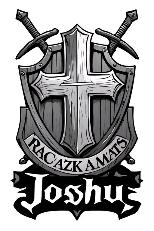 Wooden cross. a shield with sword behind the shield. written on the shield RAK CHAZAK AMATS at the bottom write Joshu tattoo design idea