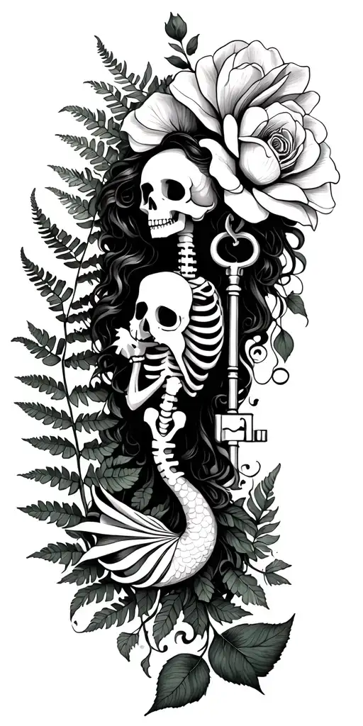 illustrated fine line poetic tattoo with fern, magnolia, rose, a small wispy mermaid, skeleton key, ivy, marigold,  tattoo design idea