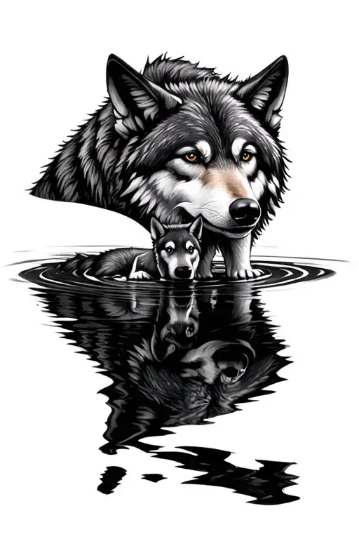 Wolf and wolf pup reflection in water tattoo design idea