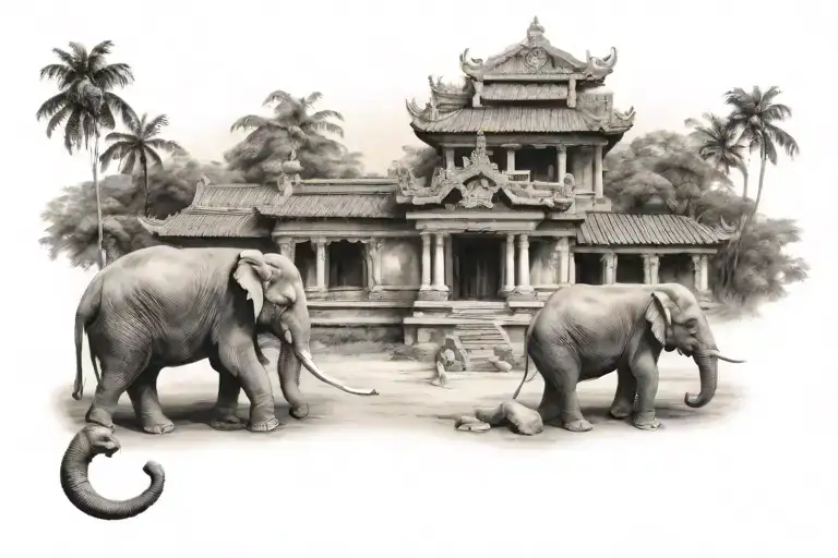 Tigre laos temple with elephants tattoo design idea
