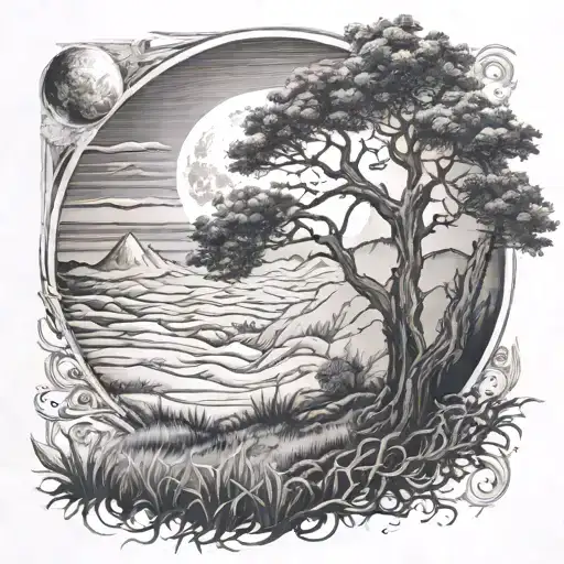life of tree with ground with grass, hills, sun, moon, with a reaper tattoo design idea