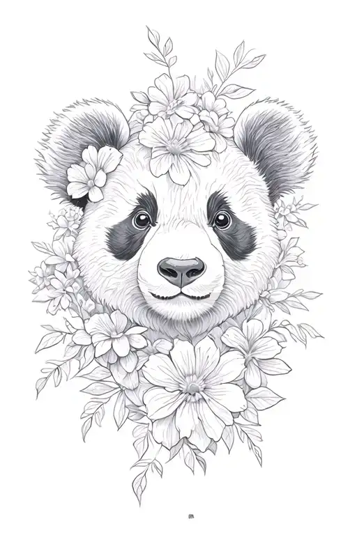 panda whos face is morphed into flowers growing tattoo design idea