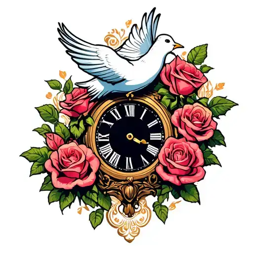 dove on fancy clock with roses growing up it  tattoo design idea