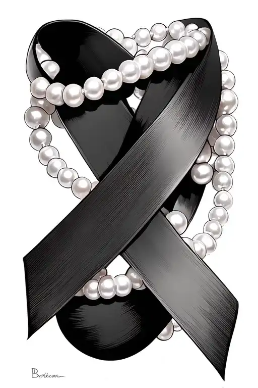 breast cancer awareness ribbon with pearl necklace tattoo design idea