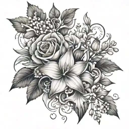 orange cosmo flower, holly flower, lily of the valley, rose, gladiolus tattoo design idea
