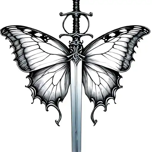 sword and butterfly emerging centrically in symmetry tattoo design idea
