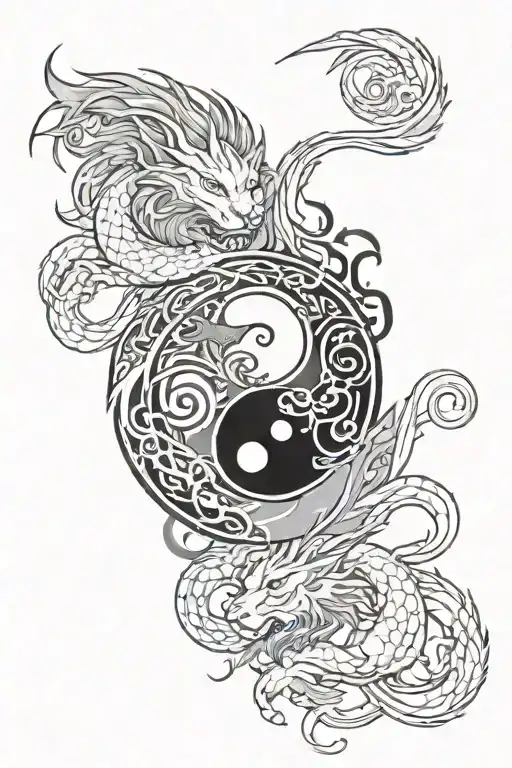 a dragon and a lion in the shape of yin and yang tattoo design idea