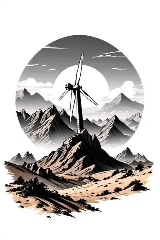 desert mountains with modern windmills in the mountains tattoo design idea