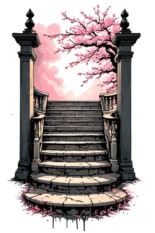 Heaven gates open with stairs using white ink splatter cherry blossom tattoo design idea