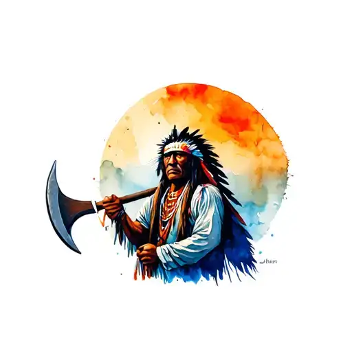 "Arawak indian" chief holding tomahawk tattoo design idea