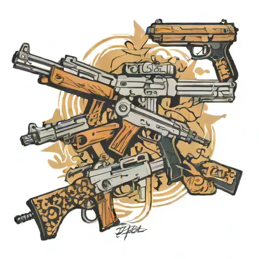 tt pistol and ak 47 rifle parllel to each other but oppsite and an line written below  tattoo design idea