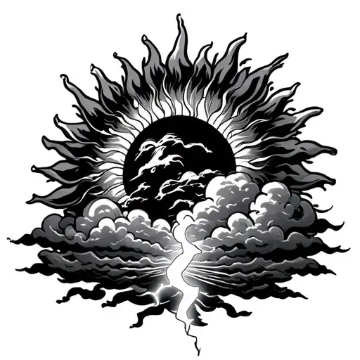 sun with the clouds with lightning coming out of the bottom  tattoo design idea