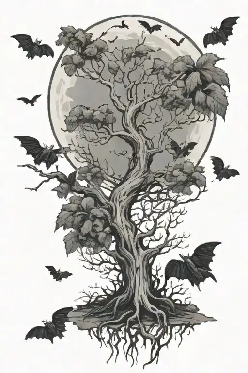 poison tree and moon with bats flying tattoo design idea