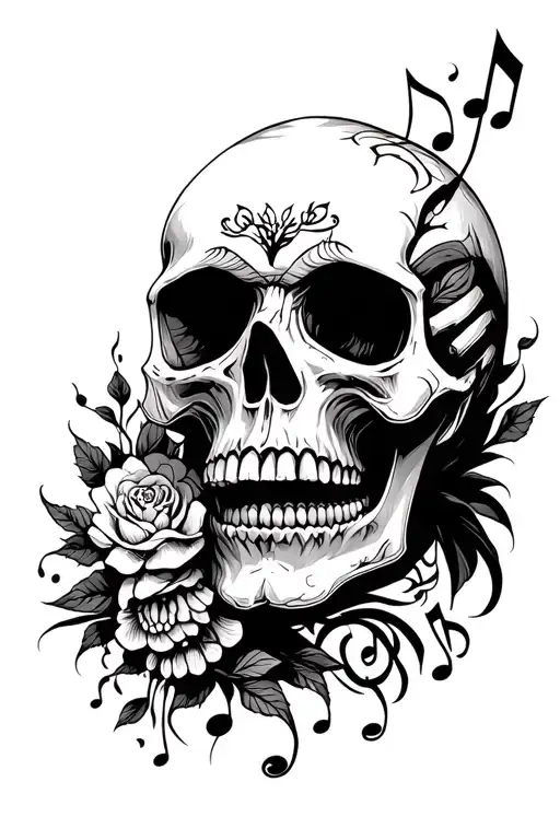 Skull, Jin Jang, death, family, music tattoo design idea