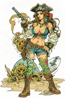 Sexy pirate girl, Gigantic Boobs, cleavage, torn clothing, skin tight pants, boots, standing on the beach by the ocean tattoo design idea