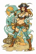 Sexy pirate girl, Gigantic Boobs, cleavage, torn clothing, skin tight pants, boots, standing on the beach by the ocean tattoo design idea