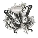 echo of a butterfly resting peacfully with a bible verse written as the body  tattoo design idea