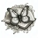echo of a butterfly resting peacfully with a bible verse written as the body  tattoo design idea