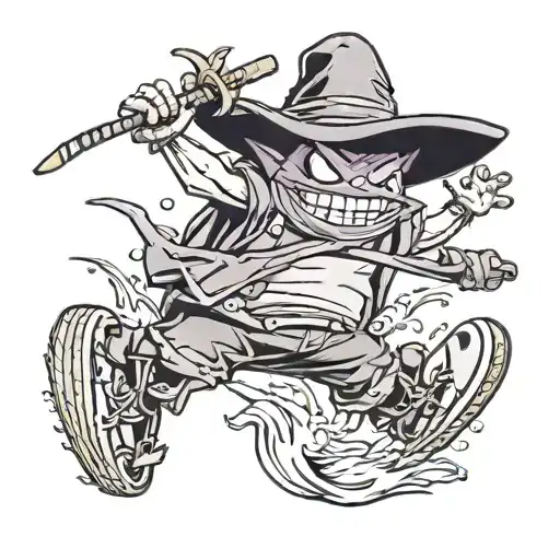 Tattoo of gengar levitating hockey sticks with luffy’s straw hat on flying on the flying nimbus tattoo design idea