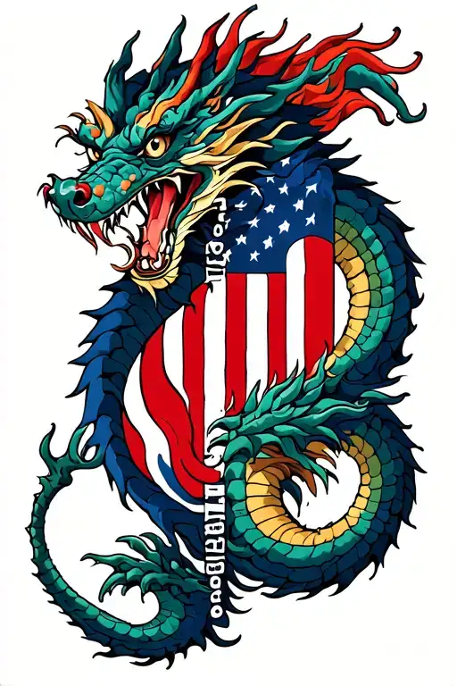 half Korean with dragon and half american flag with dog tags no human tattoo design idea
