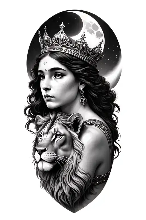 black & grey realism Leto greek goddess of motherhood wearing crown with moon and lion tattoo design idea