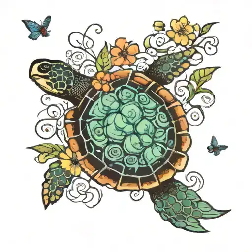 turtle swimming, flowers surrounding, butterflies flying tattoo design idea