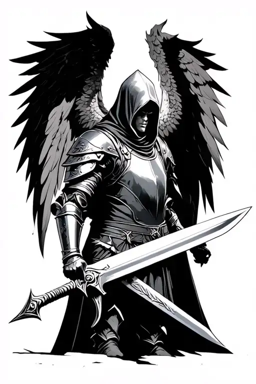 A paladin with an epic fantasy greatsword, wearing badass plate armor and a hood. With spread angel wings. tattoo design idea