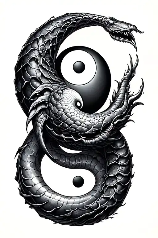 Metallized Ouroboros with Yin and Yang inside it realistic tattoo design idea