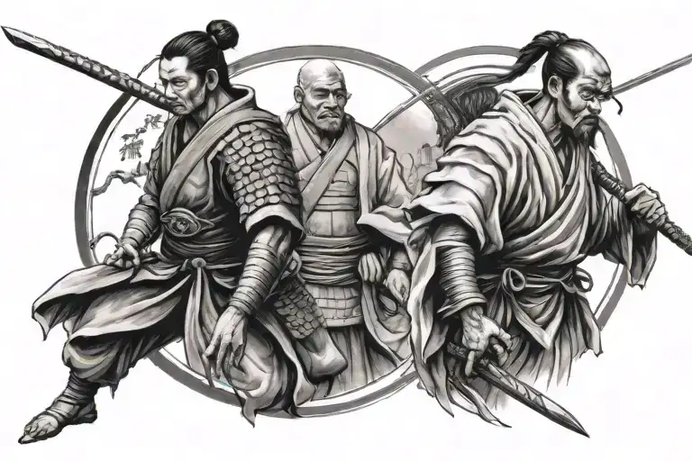 samurai and monk and monastery tattoo design idea