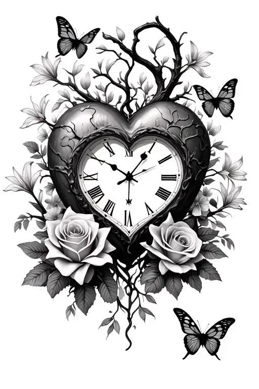 broken heart shaped clock, loss, toxic family tree intertwined with lily flowers, roses, and butterflies around it tattoo design idea