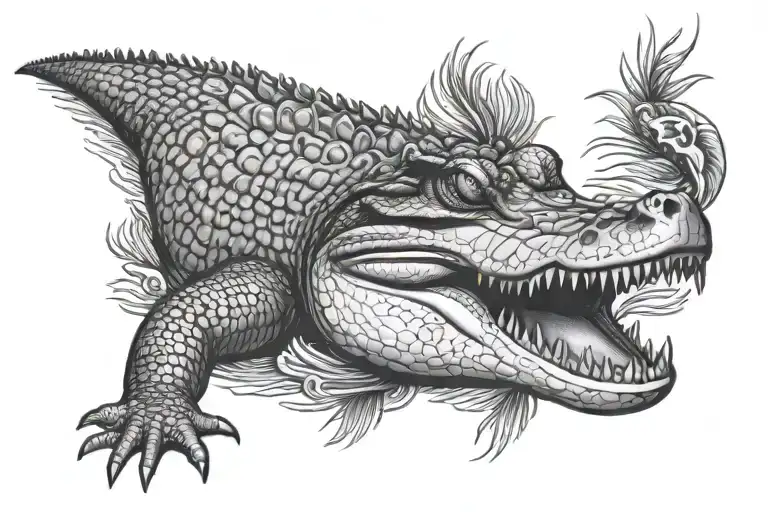 saltwater crocodile swimming in a tropical tattoo design idea