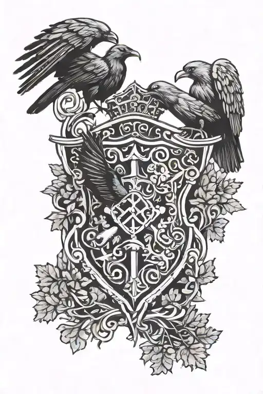 Rooker Family Crest with a shield surrounded by cedar trees with  6 Crows on a celtic cross in a circle tattoo design idea
