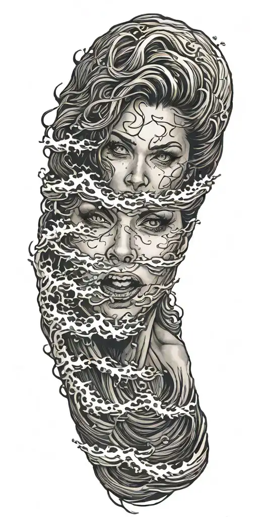 waves crashing shipwreck morphing into woman's face tattoo design idea