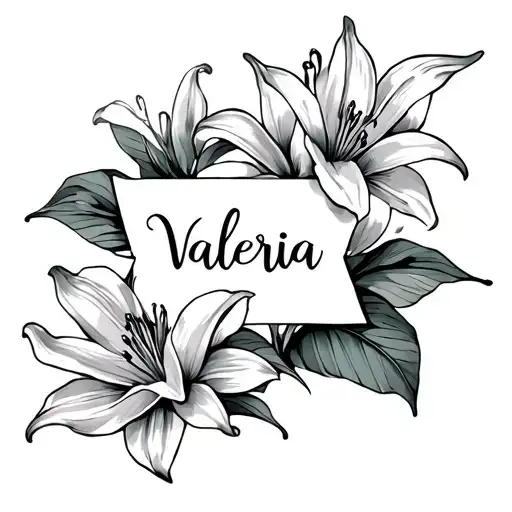 Name tattoo valeria with lily flowers surrounding tattoo design idea
