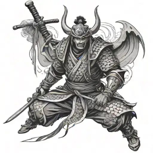Samurai with demonic face demonic mask full body detailing tattoo design idea