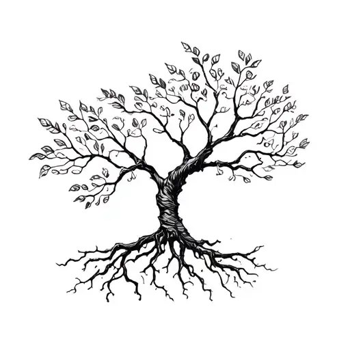 a tree with roots falling leaves sketchy tattoo design idea