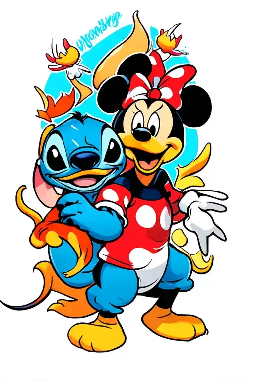 leg sleeve with Disney characters Stitch, Micky mouse, Donald Duck, Goofy, Mushu, Ray, Louis,  tattoo design idea