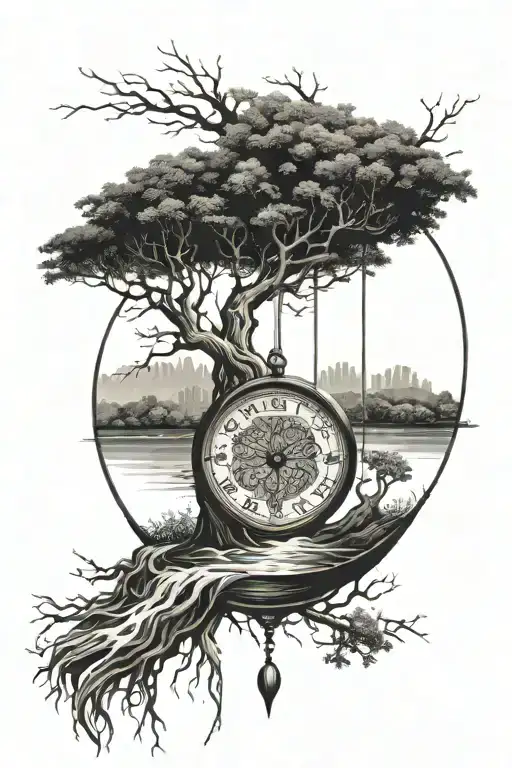 pendulum swinging, web wyrd, tree of life, river flowing tattoo design idea