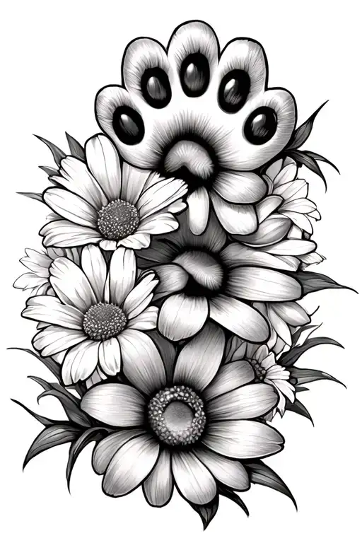3 dog paws 2 big ones 1 little With flowers A violet , daisy and gladiolus  tattoo design idea