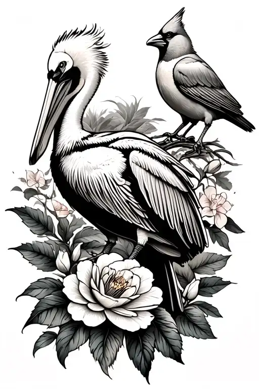 Pelican+cardinal+camelia tattoo design idea
