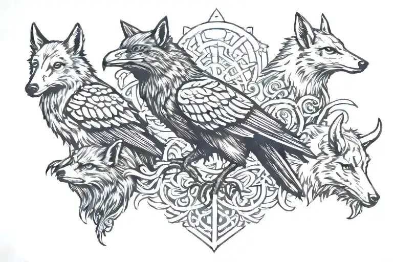 black and gray; Traditional Norse; 2 Ravens; 2 Wolves; 2 Cats; 2 Goats; 2 Boars  tattoo design idea