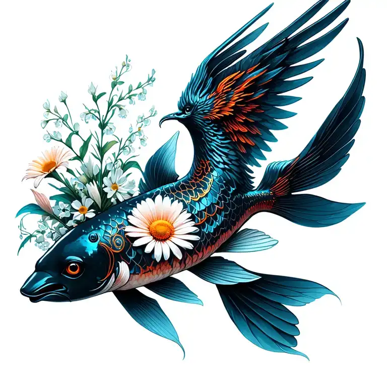 jumping black koi with phoenix wings, upright, bouquet with an aster, a daisy, a lily of the valley, wave tattoo design idea